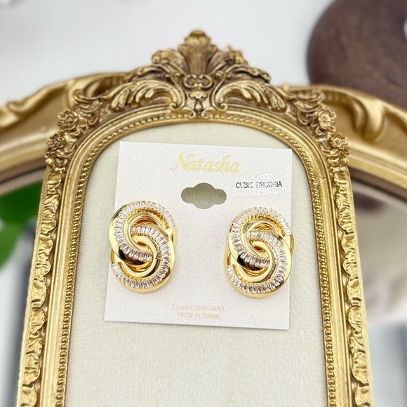 Natasha Jewelry - Natasha Gold-Tone Knot Earrings with Cubic Zirconia – Bold Statement Studs